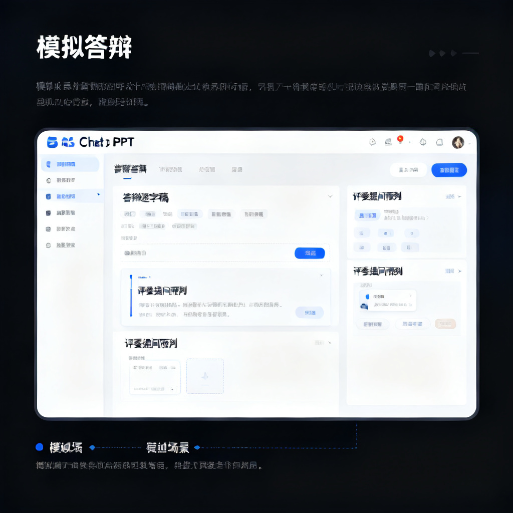 一张模拟答辩场景的示意图，ChatPPT界面显示“答辩逐字稿”和“评委提问预判”功能