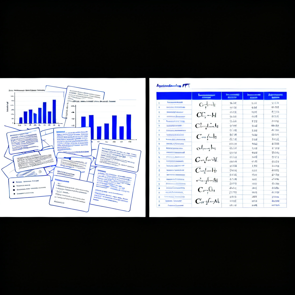 A split-screen comparison showing two versions of an academic PPT slide: the left side is messy, with misaligned charts and overlapping text; the right side is clean and professional, with neatly arranged experimental data tables, well-formatted chemical formulas, and clear section headers. The overall style is minimalist and academic, with a white background and blue accents.