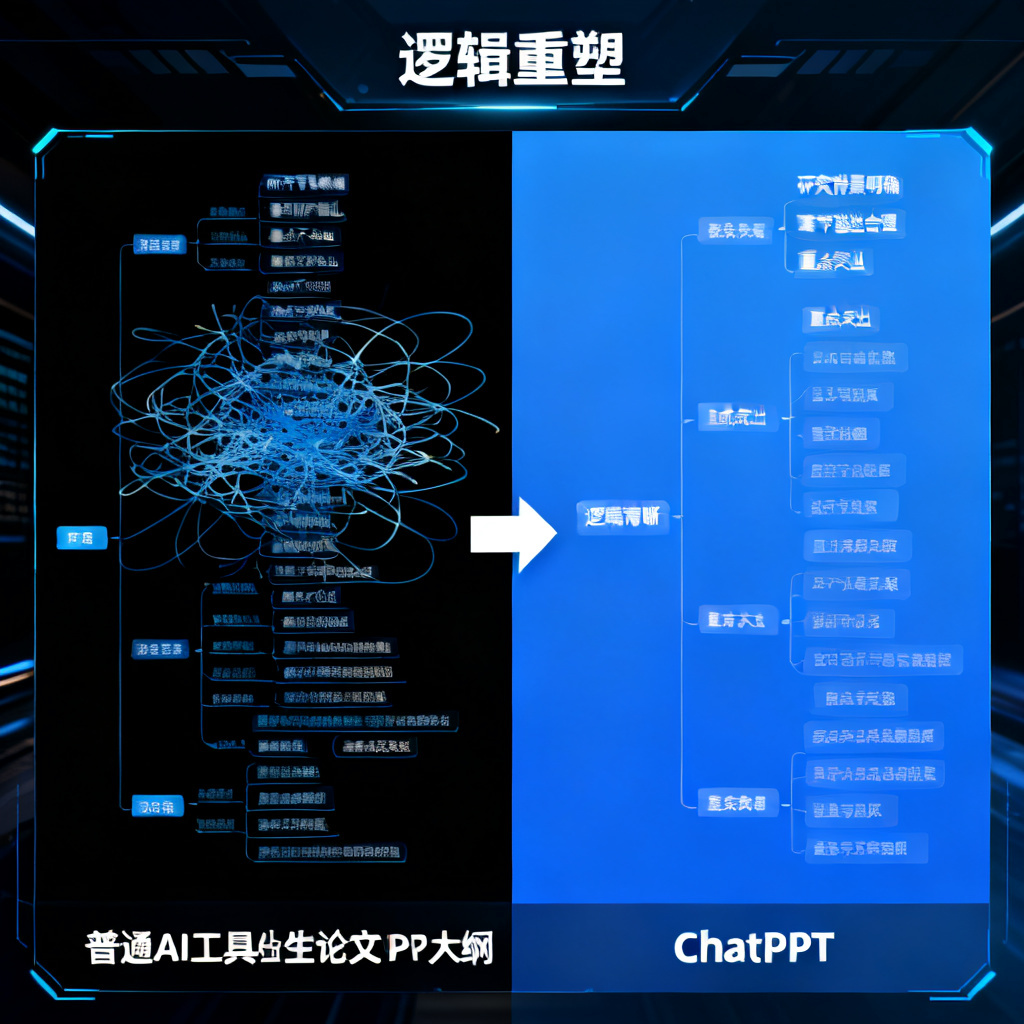 一张对比图，左侧是普通AI工具生成的混乱论文PPT大纲，右侧是ChatPPT生成的逻辑清晰的大纲，标注“逻辑重塑”