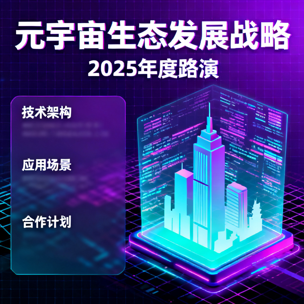 赛博朋克风格元宇宙路演PPT,霓虹紫与青蓝主色调,数字网格背景,全息投影元素,3D建筑剪影,无衬线字体排版