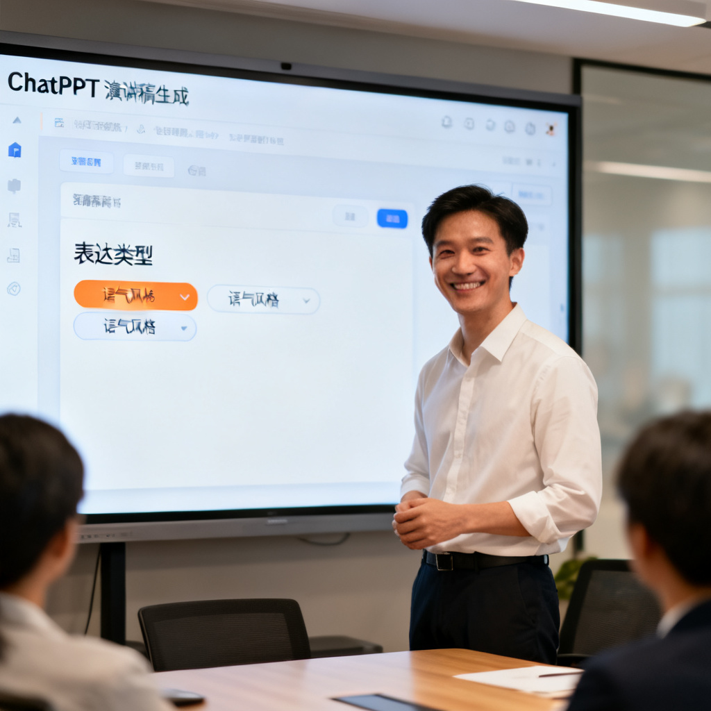 一位职场人士站在会议室屏幕前，屏幕上显示ChatPPT的演讲稿生成界面，界面中高亮显示“表达类型”和“语气风格”选项，人物表情自信，背景模糊处理突出屏幕内容。
