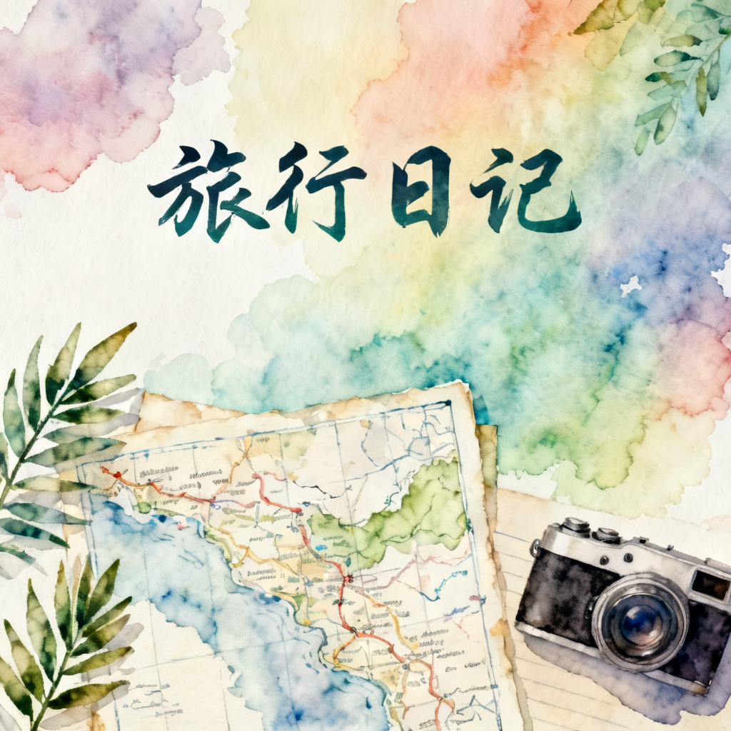 梦幻水彩风格的旅行日记PPT，色彩渐变，包含手绘地图、植物和相机图案，字体为手写体，整体风格清新自然