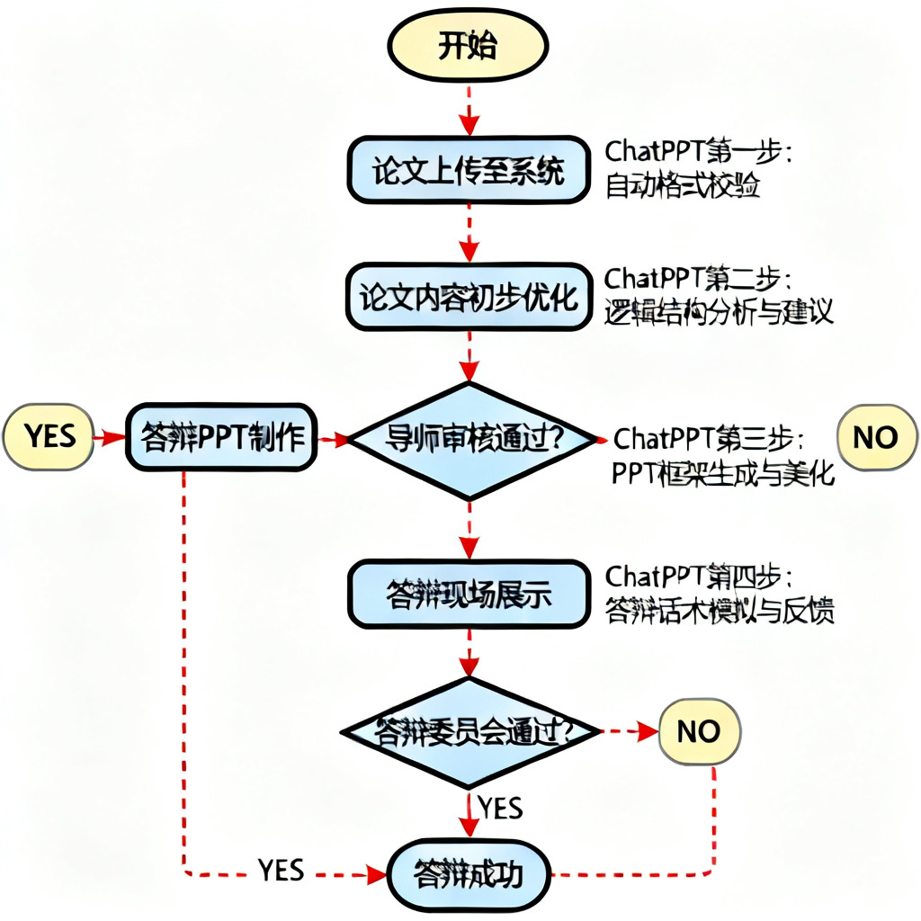 流程图：从论文上传到答辩成功的全流程，标注ChatPPT的每个步骤
