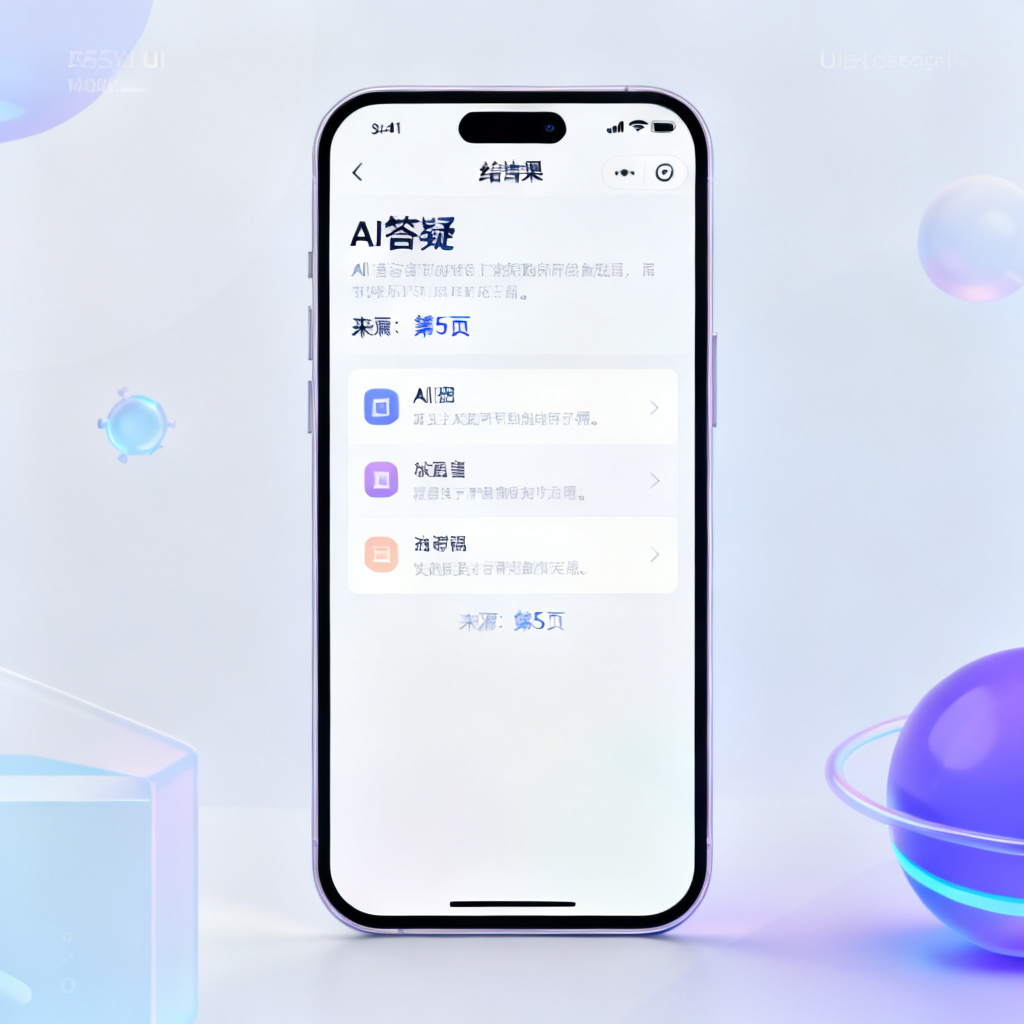 用户手机界面显示AI答疑结果，答案下方有“来源：第5页”的标注，风格移动UI设计，清晰简洁