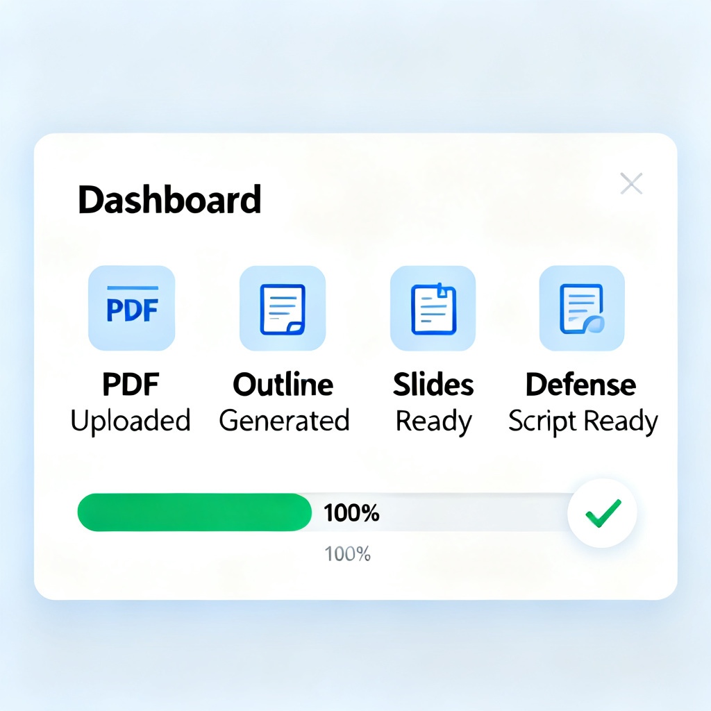 A dashboard-style interface of an AI tool showing 'PDF Uploaded', 'Outline Generated', 'Slides Ready', and 'Defense Script Ready' with a progress bar at 100%, indicating a fully automated workflow