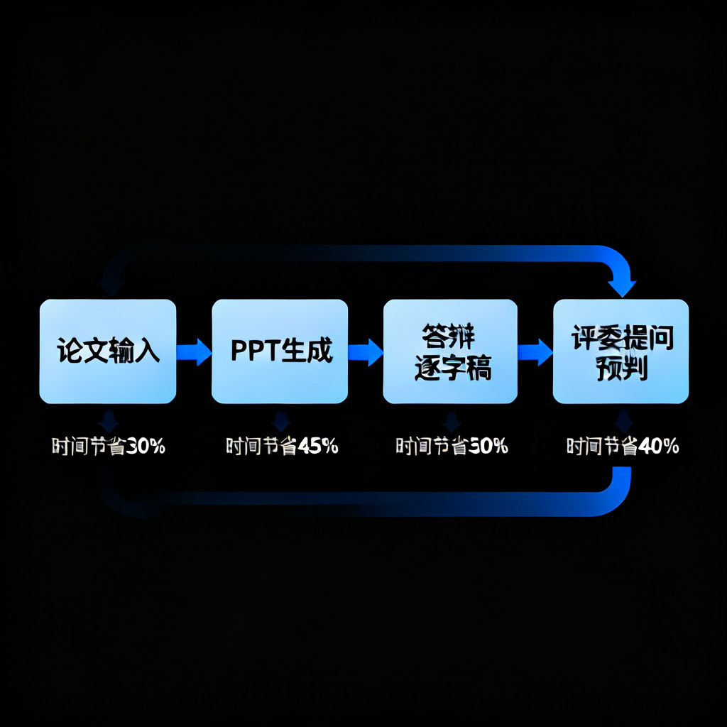 一个流程图,展示ChatPPT从论文输入到PPT生成、再到答辩逐字稿与评委提问预判的全链路闭环,每个环节标注时间节省百分比