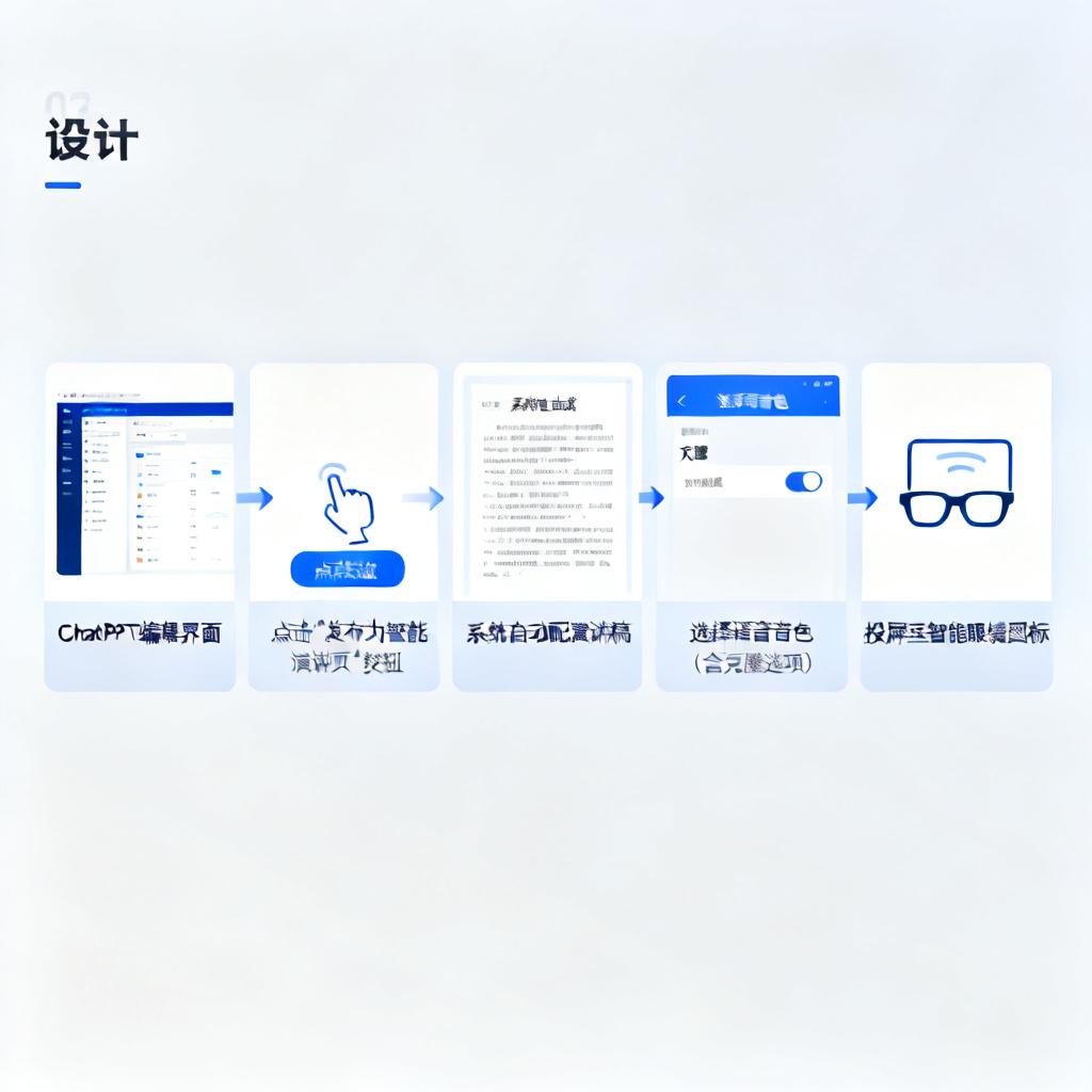 一张流程图,从左到右依次为:ChatPPT编辑界面 -> 点击“发布为智能演讲页”按钮 -> 系统自动配演讲稿 -> 选择语音音色(含克隆选项) -> 投屏至智能眼镜图标。使用简洁的蓝色和白色色调。