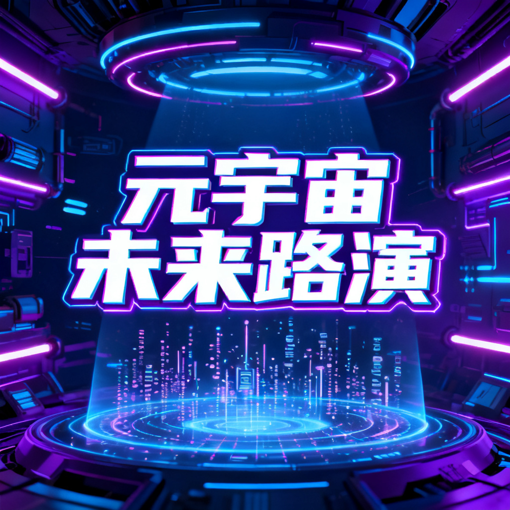 赛博朋克风格的元宇宙路演PPT封面,霓虹灯管与全息投影元素,深蓝色与紫色色调,高对比度,未来感字体