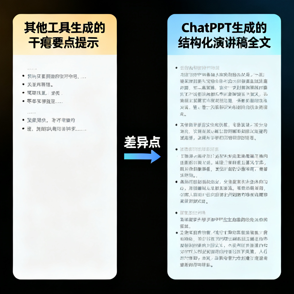 对比图：左侧是其他工具生成的干瘪要点提示，右侧是ChatPPT生成的结构化演讲稿全文，用箭头和标注突出差异。