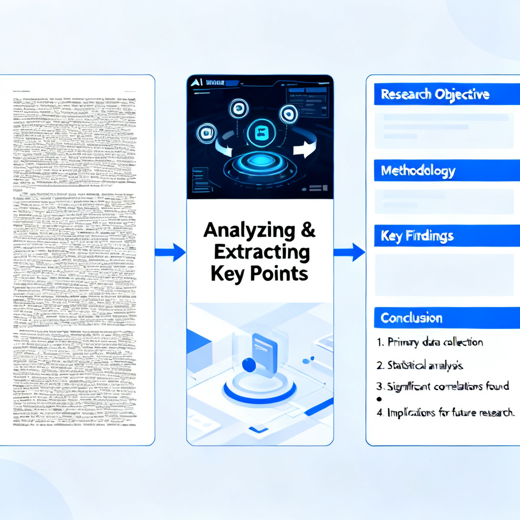 A professional diagram showing the logical restructuring process of a long academic paper into a concise PPT outline. The left side shows a dense text document, the middle shows an AI engine analyzing and extracting key points, and the right side shows a structured slide deck with clear headings and bullet points.