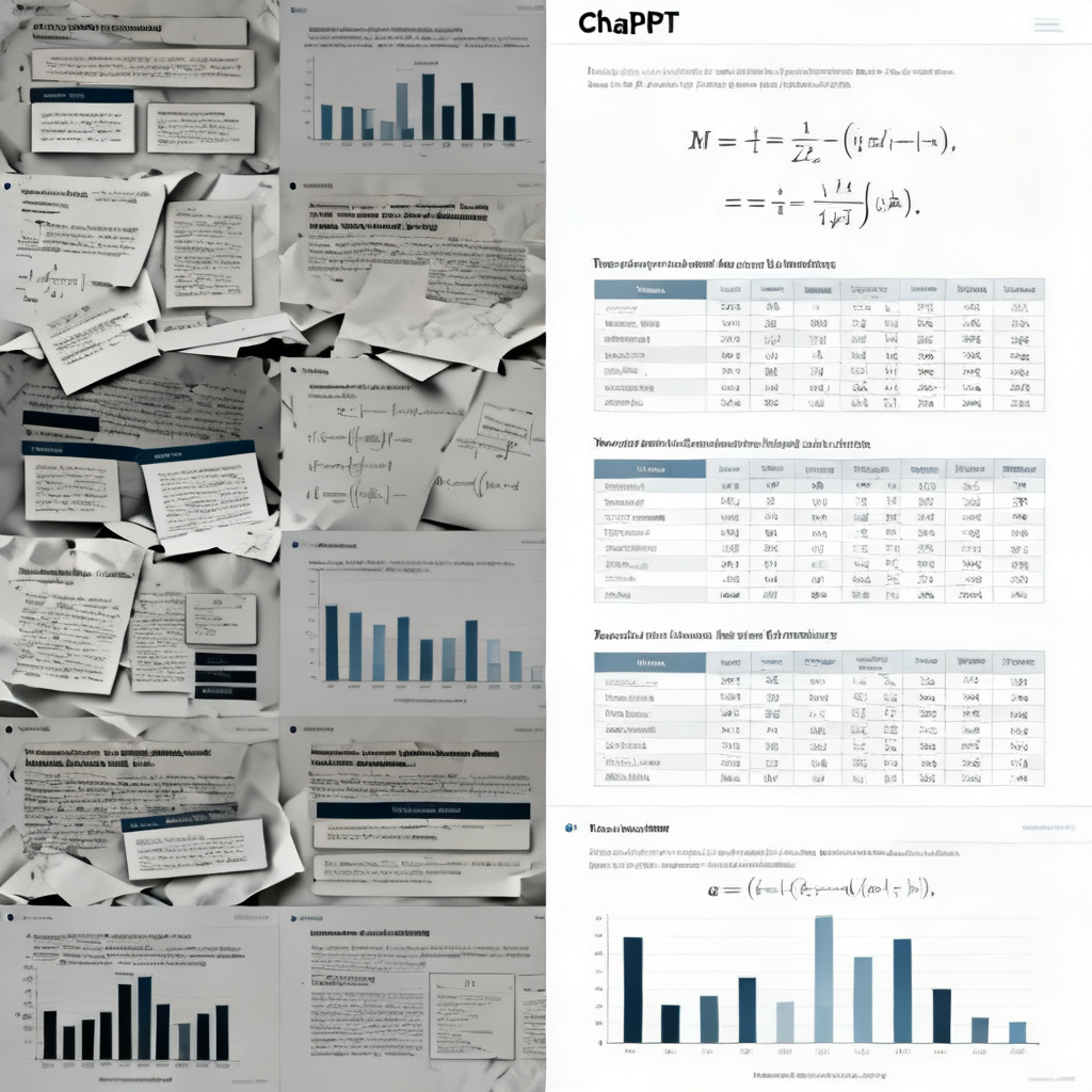 Split-screen comparison showing left side: a messy slide with overlapping text and misaligned graphs; right side: a clean, professional academic slide from ChatPPT with properly displayed formulas, tables, and charts.