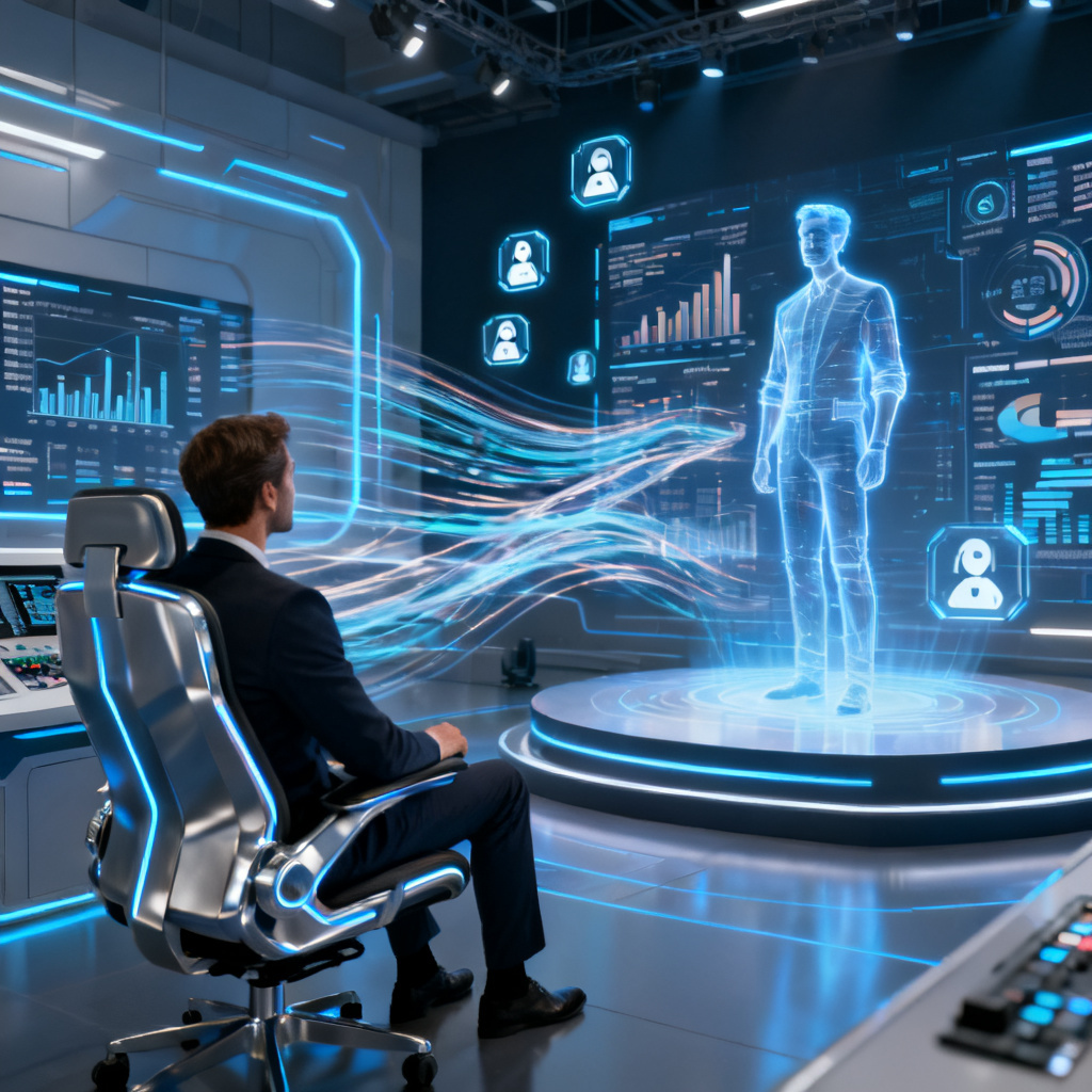 A futuristic control room where a CEO watches a holographic digital twin of themselves presenting on a stage, with complex technical charts and data flowing around the hologram, digital assistant icons in the background.
