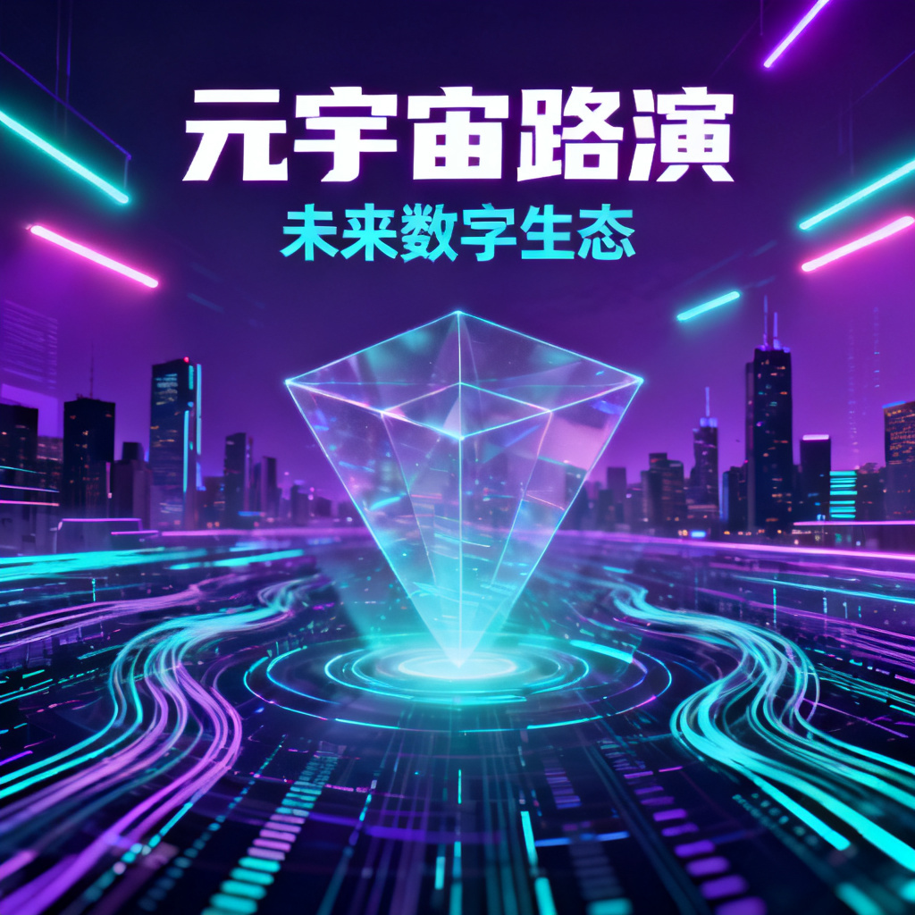 赛博朋克风格的元宇宙路演PPT，包含霓虹灯和全息投影元素，色调以紫色和青色为主，背景有城市天际线和数据流线条