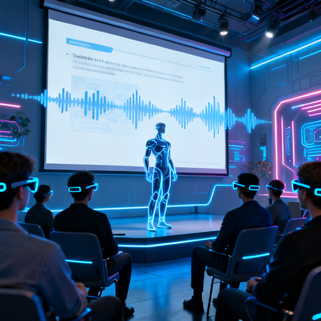 A digital avatar presenting a slide on a large screen, voice modulation waves visible, audience wearing smart glasses, cyberpunk conference room, blue and white color scheme, cinematic lighting.