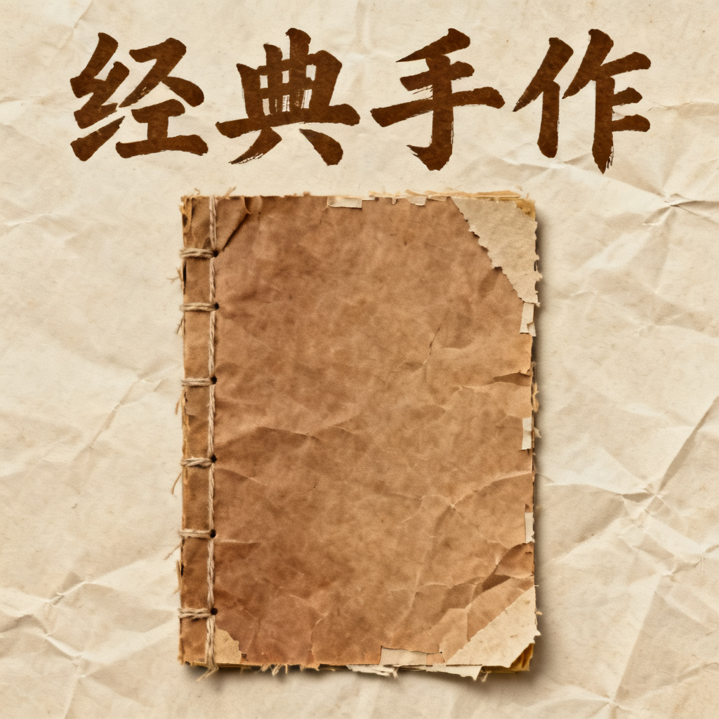 牛皮纸贴画风格的产品展示，复古纹理，手写字体，棕色与米色主色调