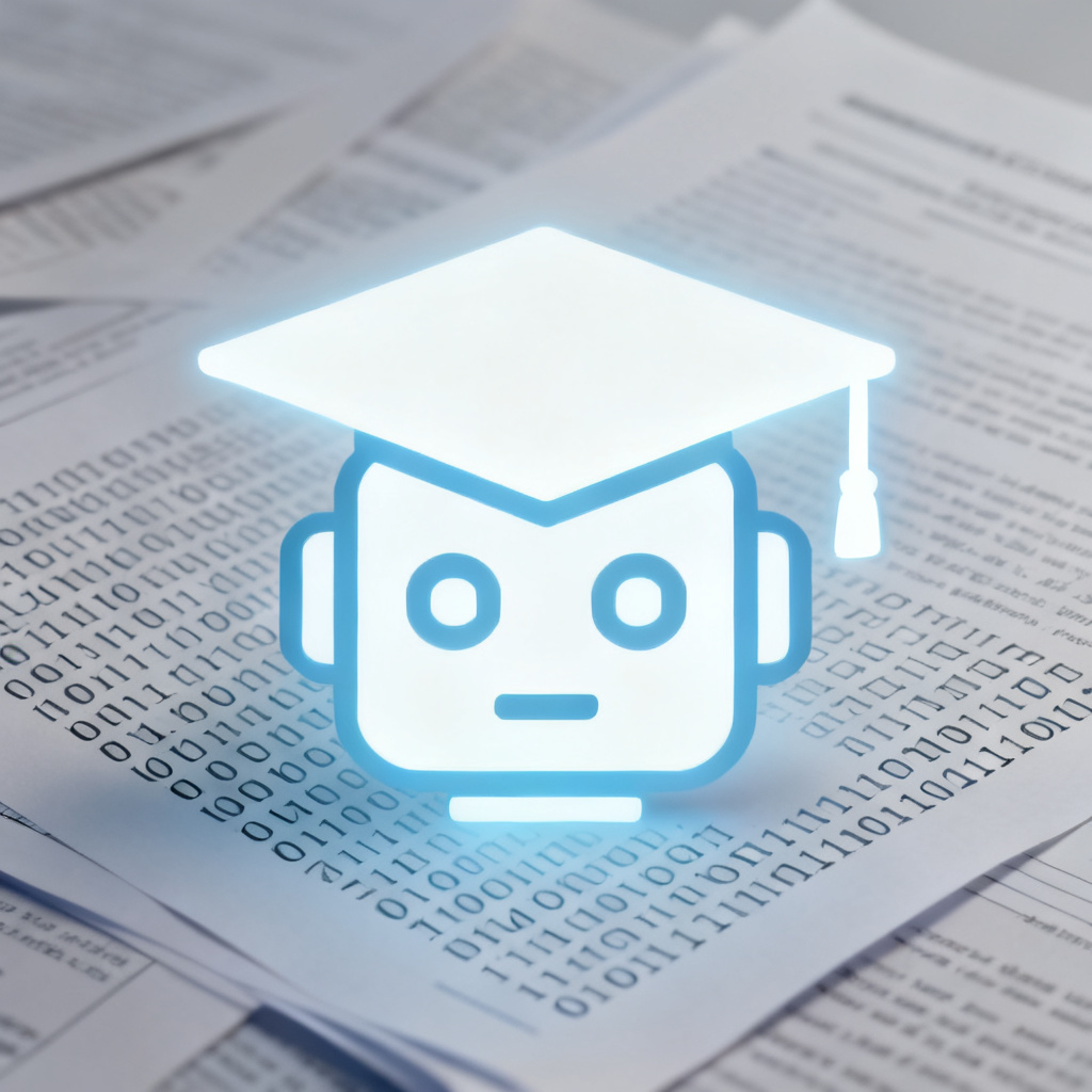A glowing, minimalist icon of a graduation cap combined with a robot head, set against a background of binary code and academic papers.