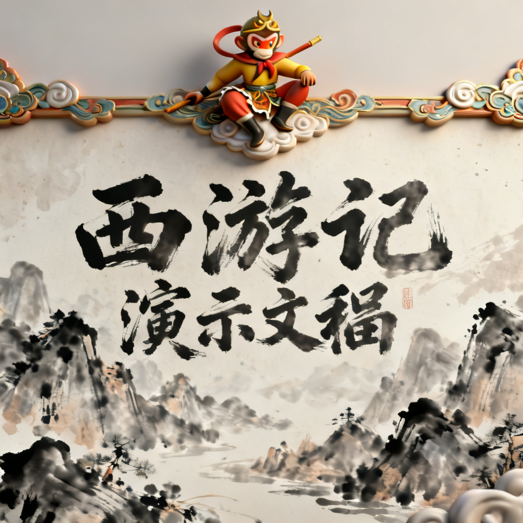 3D西游记风演示文稿,孙悟空形象作为页眉装饰,背景是水墨风格的山川,文字层使用书法字体