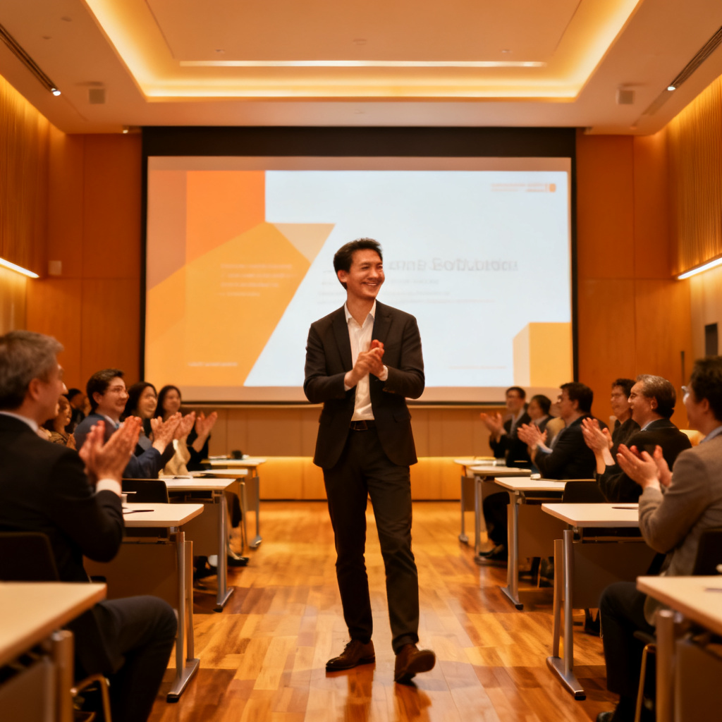 A confident presenter smiling while receiving applause from an audience in a modern conference hall, with a large screen displaying the final slide of a presentation, warm and inviting tones