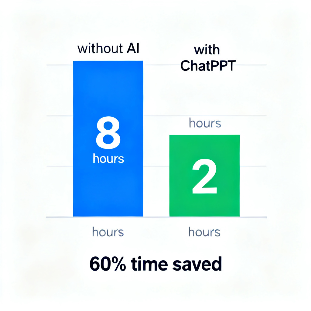 A bar chart comparing time spent on PPT creation: 8 hours without AI vs. 2 hours with ChatPPT, with a label '60% time saved'.