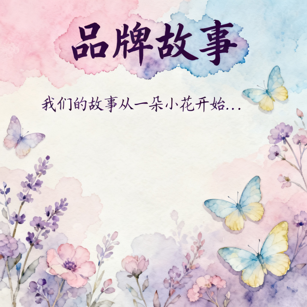 梦幻水彩风格的品牌故事页面，背景是渐变色水彩晕染，文字使用手写艺术字体，装饰元素为花草和蝴蝶，整体色调柔和，带有梦幻和浪漫的氛围。