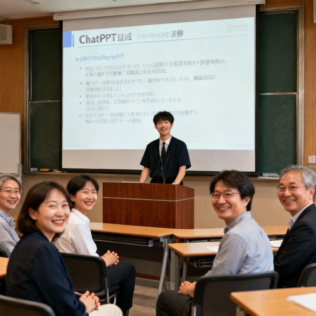 答辩现场,学生自信地站在讲台上,大屏幕显示由ChatPPT生成的PPT,台下评委微笑点头
