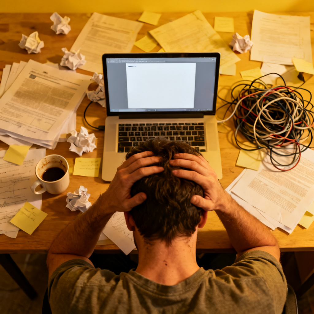 A frustrated person sitting in front of a laptop with a messy desk, showing the pain of preparing a presentation