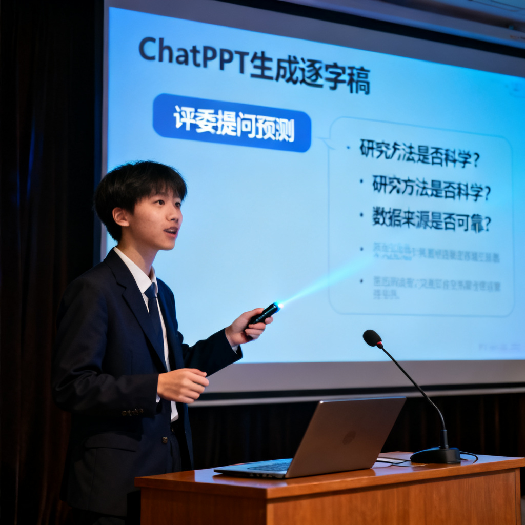 一位学生在答辩台上演讲,背后屏幕显示ChatPPT生成的逐字稿和评委提问预测,风格写实