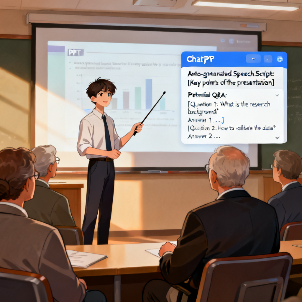 A student confidently presenting a PPT in front of a panel of professors, with a ChatPPT interface showing the auto-generated speech script and potential Q&A on the side