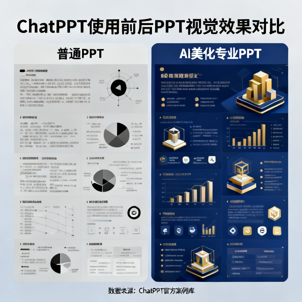 对比图显示使用ChatPPT前后PPT的视觉效果差异,左侧为普通PPT,右侧为经过AI美化后的专业PPT