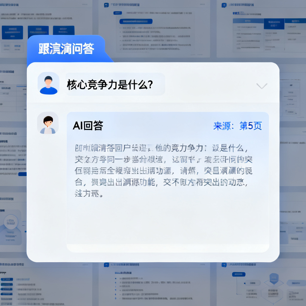 一个聊天界面风格的路演问答窗口,用户提问“核心竞争力是什么?”,AI回答并附有“来源:第5页”的标注,背景是PPT页面缩略图,突出溯源功能。