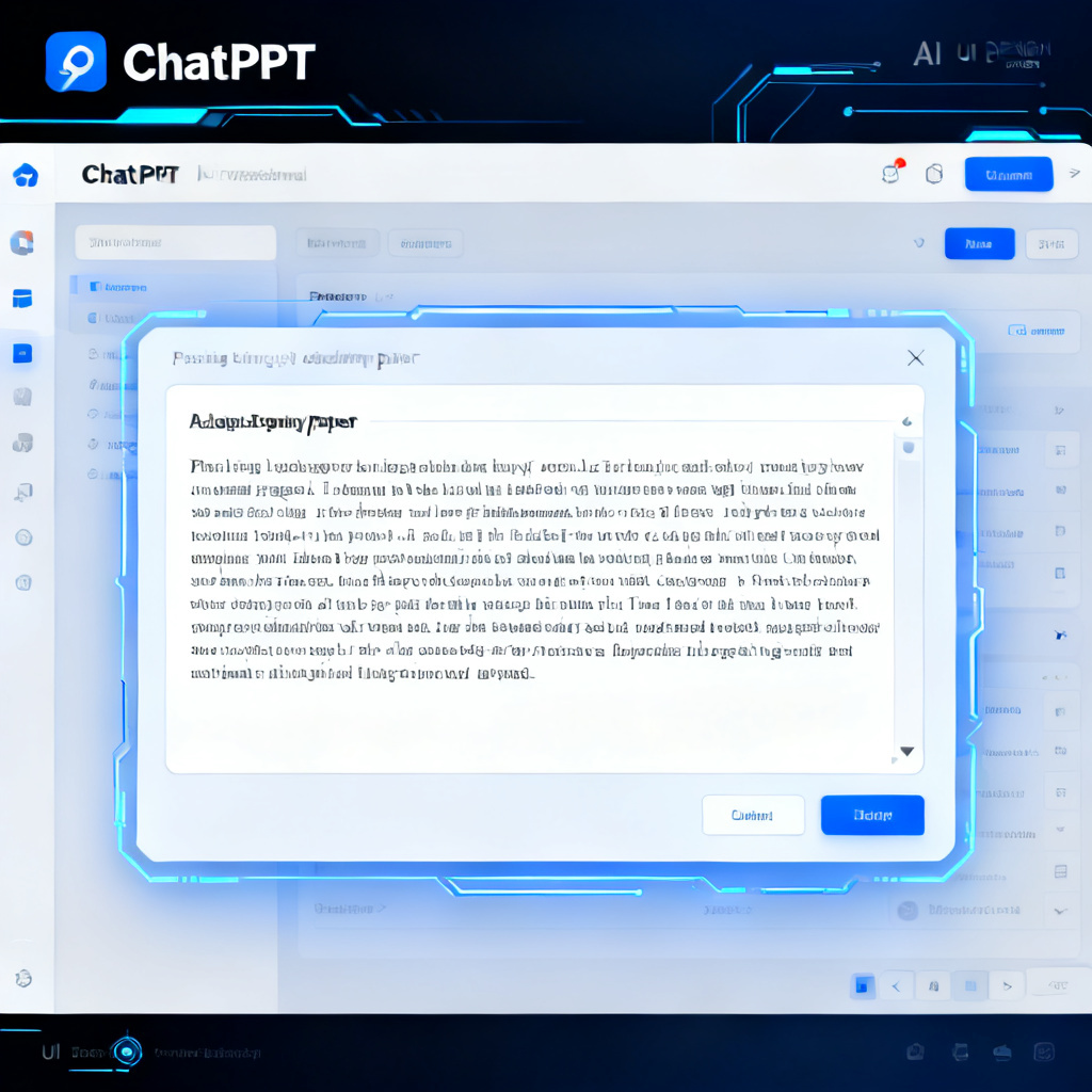 A screenshot of ChatPPT interface showing a user pasting a lengthy academic paper text into the input box, with a focus on the clean and professional UI design, futuristic AI theme, blue and white color scheme, high detail