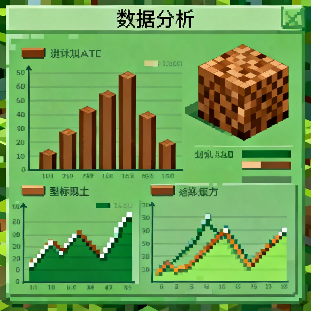 我的世界像素风格的数据分析页,方块化图表,低分辨率纹理,绿色与棕色配色,像素风字体