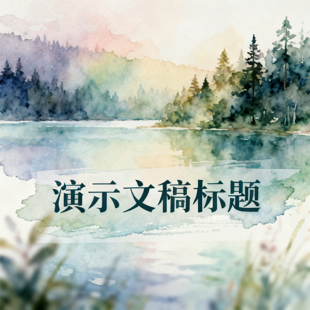梦幻水彩风演示文稿,一页背景从湖泊变为森林,保留水彩笔触和柔和色调,前景有模糊的文字层