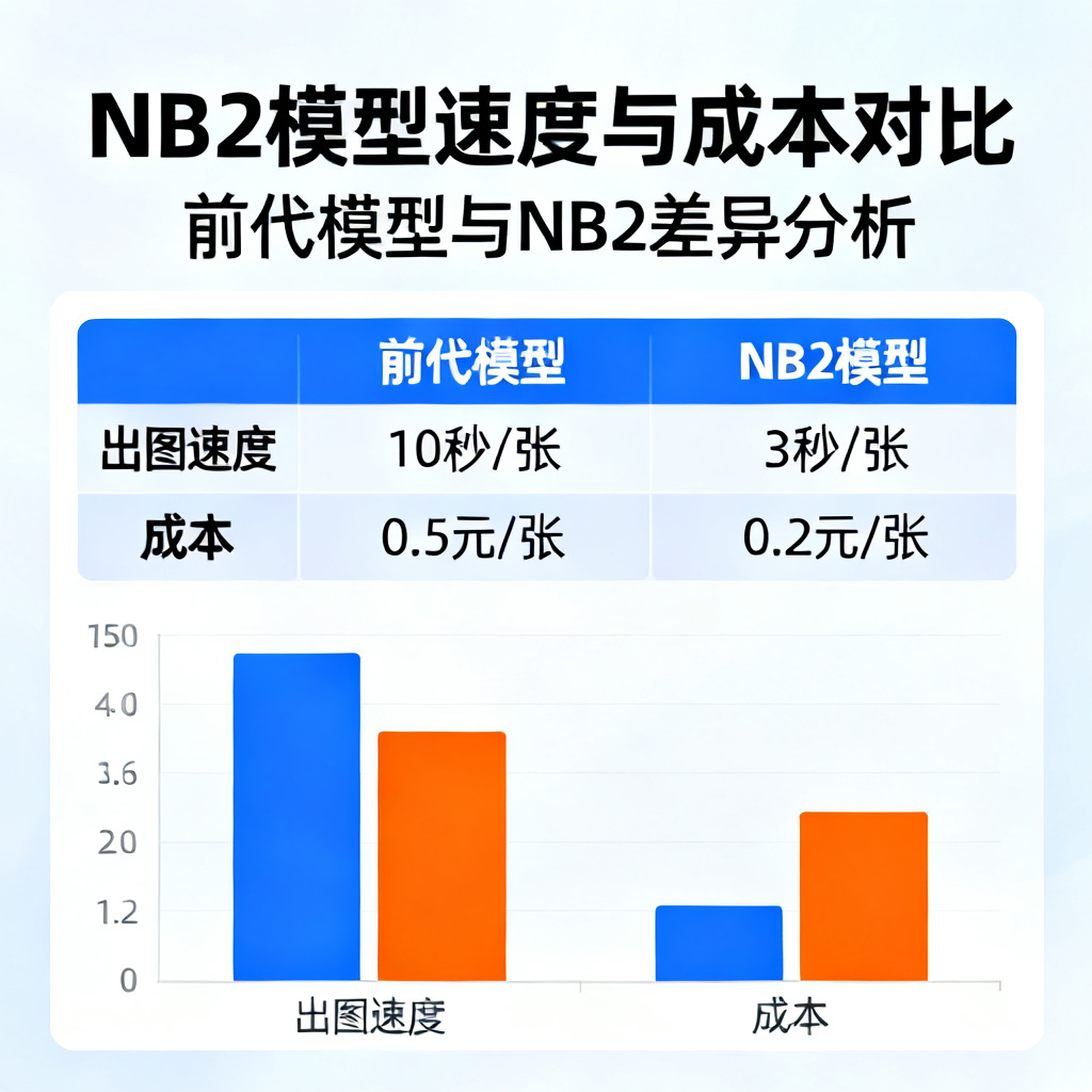 展示NB2模型速度与成本对比数据，前代模型与NB2在出图速度和成本上的差异