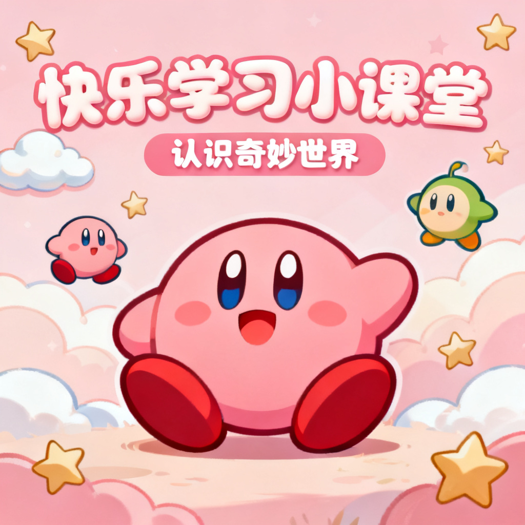 星之卡比风格的儿童教育PPT，粉嫩色调与可爱角色，字体圆润柔软，背景有云朵和星星的装饰
