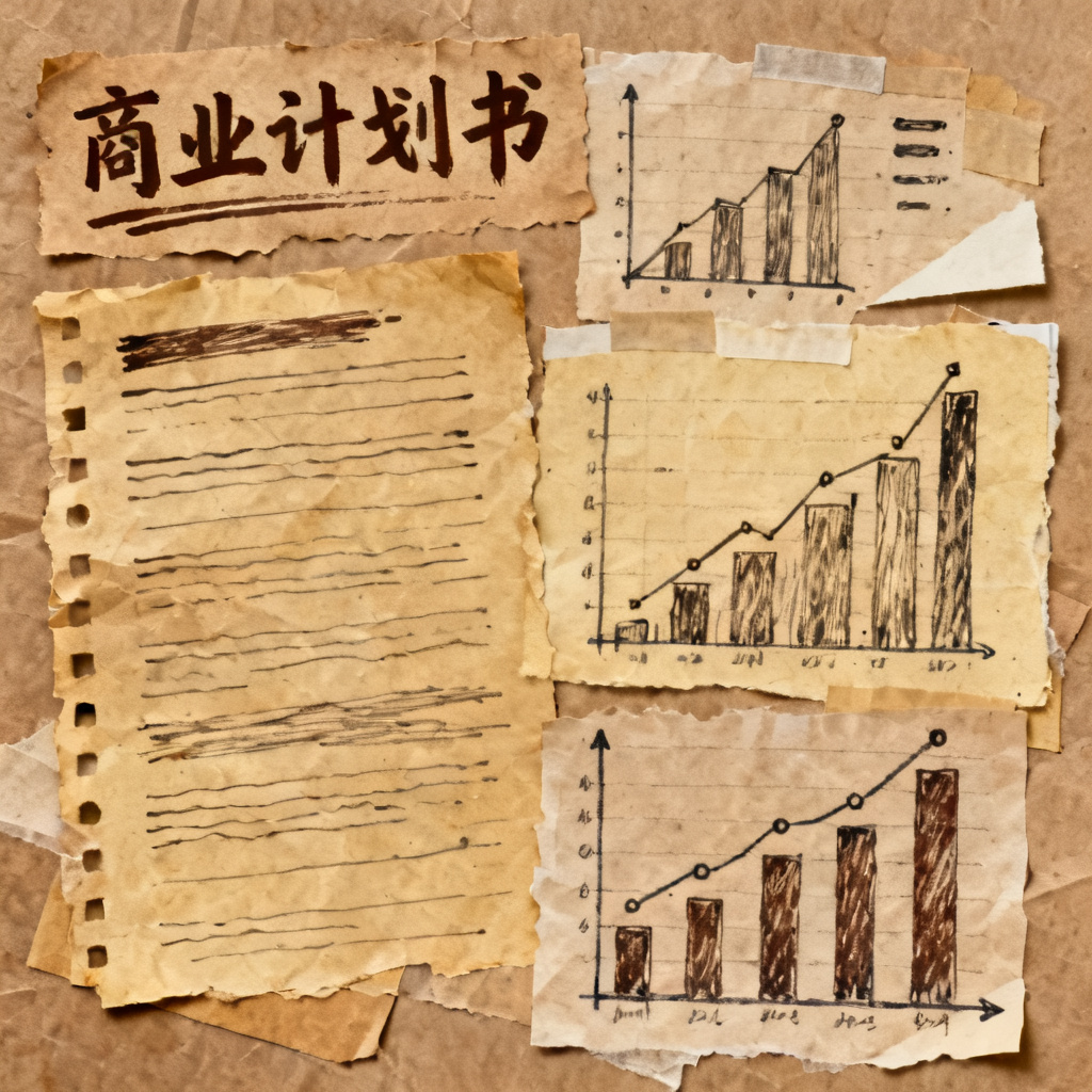 牛皮纸贴画风格，手绘质感，复古色调，商业计划书，拼贴元素