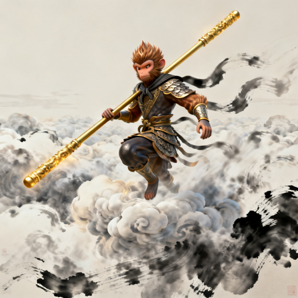3D西游记风格,孙悟空,金箍棒,云海,水墨风格,立体感,动态效果,商业演示,文化融合