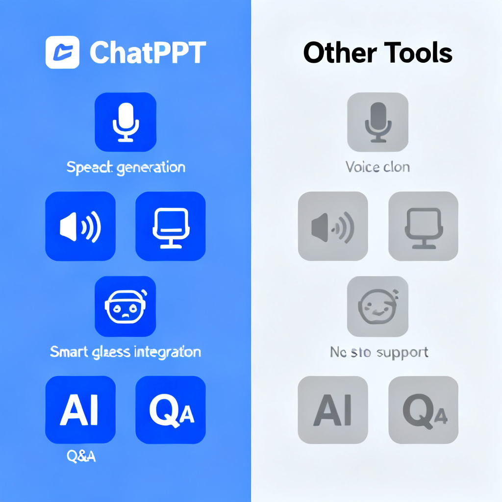 A comparison infographic showing two columns. The left column is labeled "ChatPPT" with icons for speech generation, voice cloning, smart glasses integration, and AI Q&A. The right column is labeled "Other Tools" with grayed-out icons for the same features, indicating they are not supported.