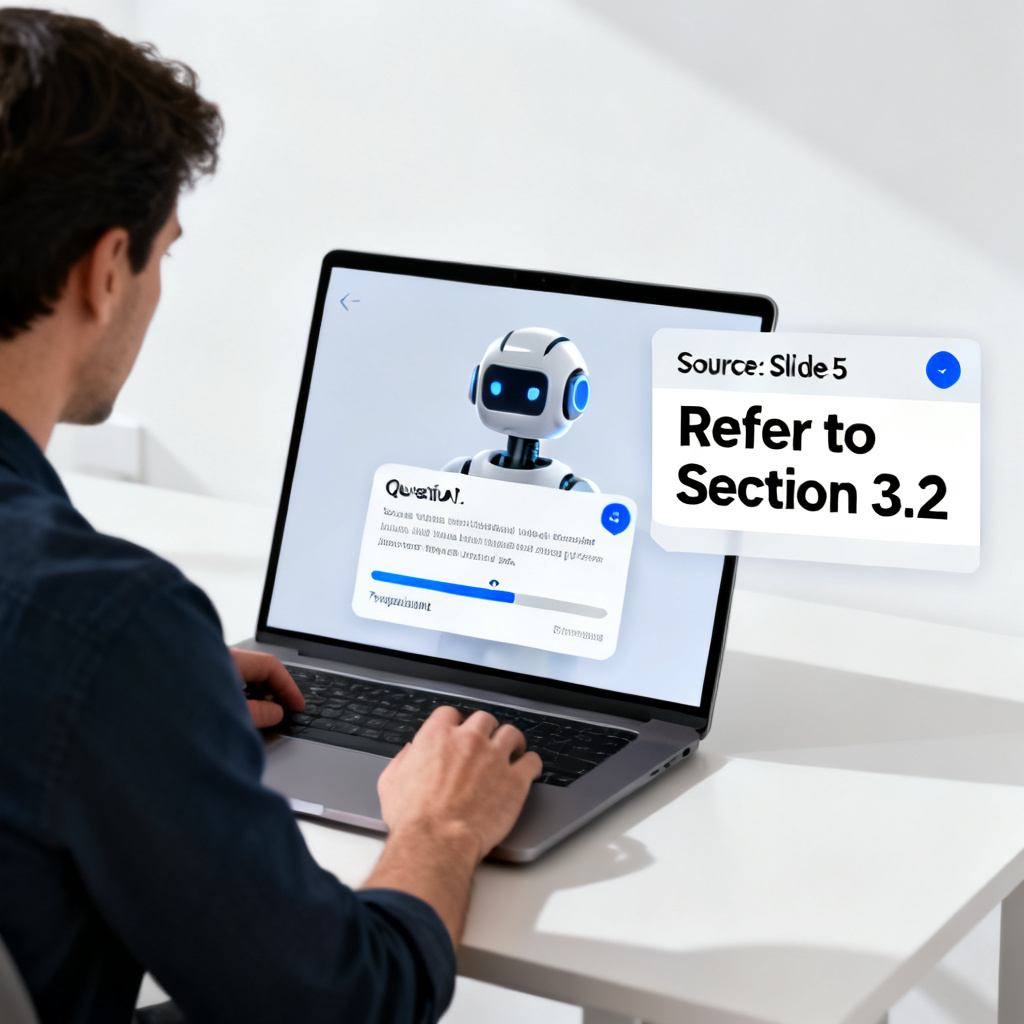 A user interacting with an AI chatbot on a laptop, with the answer sourcing highlighted to specific slides in a side panel, showing a transparent and trustworthy process, clean and professional design