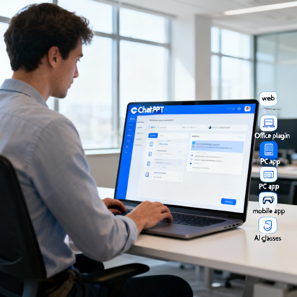 A user in a modern office using a laptop with the ChatPPT interface open, with icons on the side representing the 5 terminal versions: web, Office plugin, PC app, mobile app, and AI glasses.