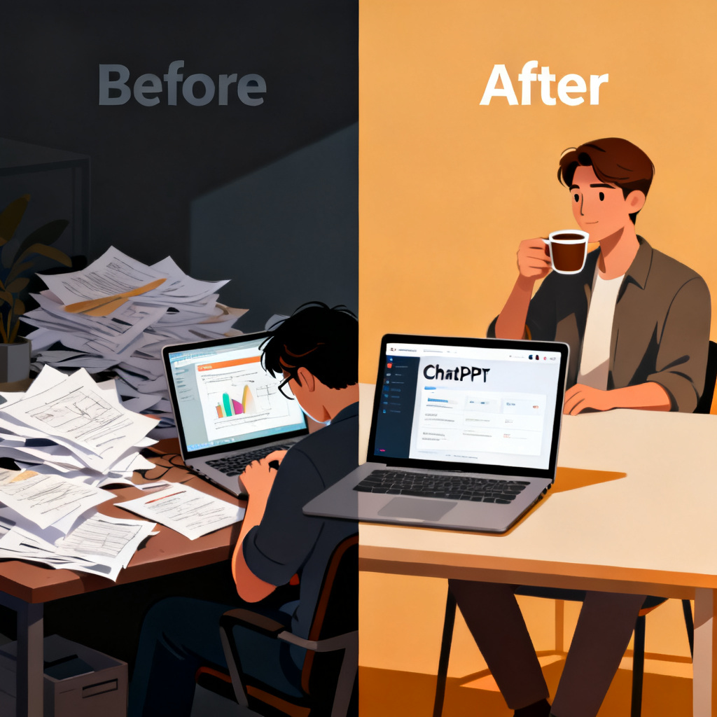 A split-screen illustration. On the left, a chaotic desk with scattered papers, a stressed person, and a laptop showing a half-finished PPT. On the right, a clean desk with a single laptop displaying a ChatPPT interface, a calm and confident person sipping coffee. The left side is in dark tones, the right side in bright, warm tones. The text 'Before' and 'After' is subtly placed.
