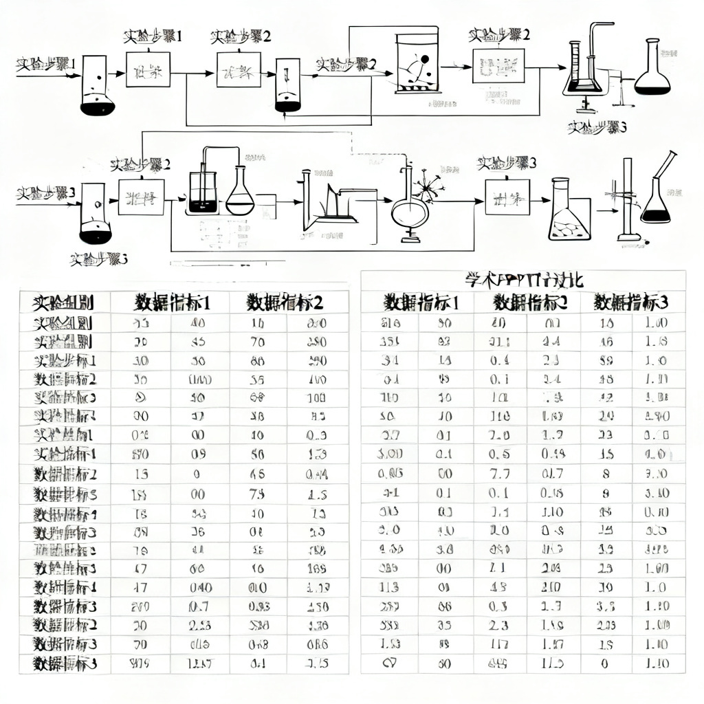 一张学术PPT幻灯片，包含复杂的实验流程图和多维度数据对比表，排版清晰，字体为宋体，背景为白色，严谨风格。