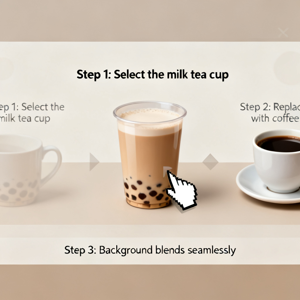 A step-by-step demonstration of ChatPPT's Magic涂画 feature: a user selects a cup of milk tea on a slide and replaces it with a cup of coffee, with the background seamlessly blending.