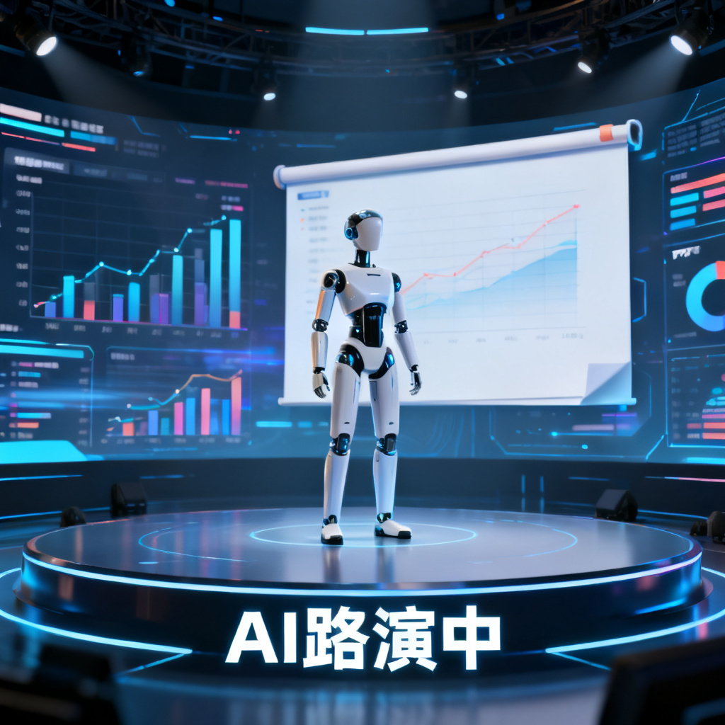 一个数字人形象站在虚拟舞台上,背景是数据图表和PPT翻页,下方显示“AI路演中”字样