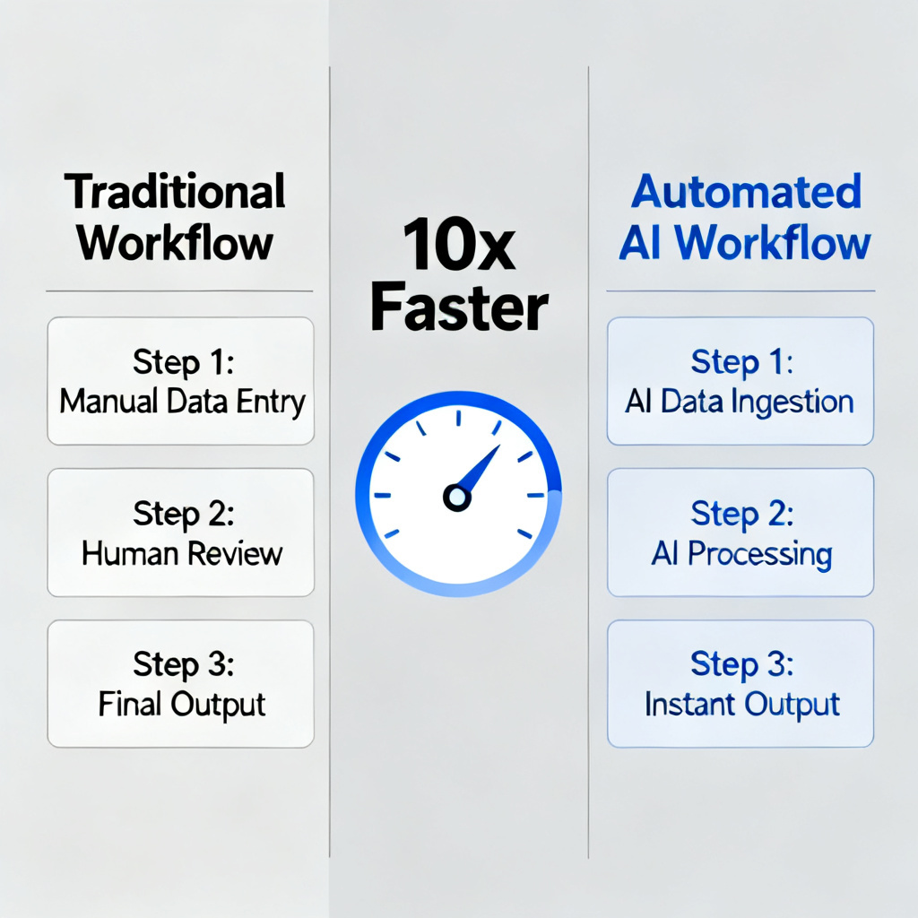 A comparison chart showing a traditional workflow vs. an automated AI workflow, with a speedometer icon indicating 10x faster, minimalist infographic style