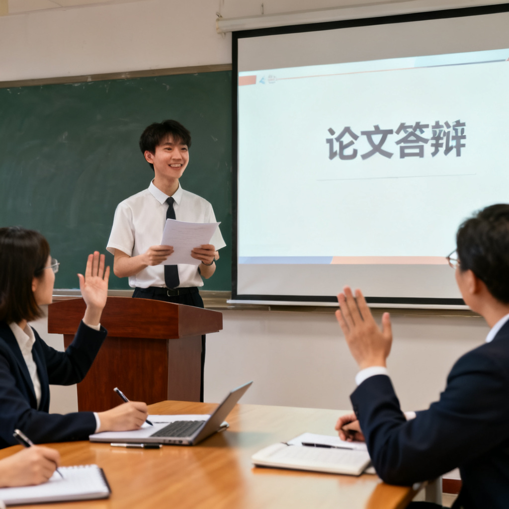答辩场景，学生站在讲台前，屏幕上显示PPT，他手持讲稿，表情自信，台下评委正在提问，场景真实且专业。