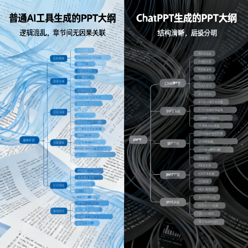 一张对比图,左侧显示普通AI工具生成的PPT大纲逻辑混乱,章节间无因果关联,右侧显示ChatPPT生成的PPT大纲结构清晰、层级分明,背景为学术论文文本流与数据流交织。