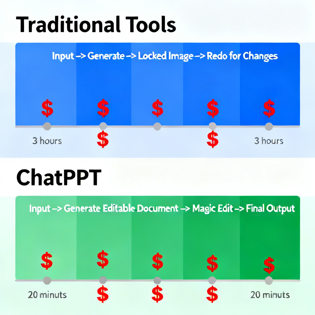 A comparison infographic showing two timelines: top timeline labeled 'Traditional Tools' with steps 'Input -> Generate -> Locked Image -> Redo for Changes' spanning 3 hours; bottom timeline labeled 'ChatPPT' with steps 'Input -> Generate Editable Document -> Magic Edit -> Final Output' spanning 20 minutes, with dollar signs decreasing in size from top to bottom