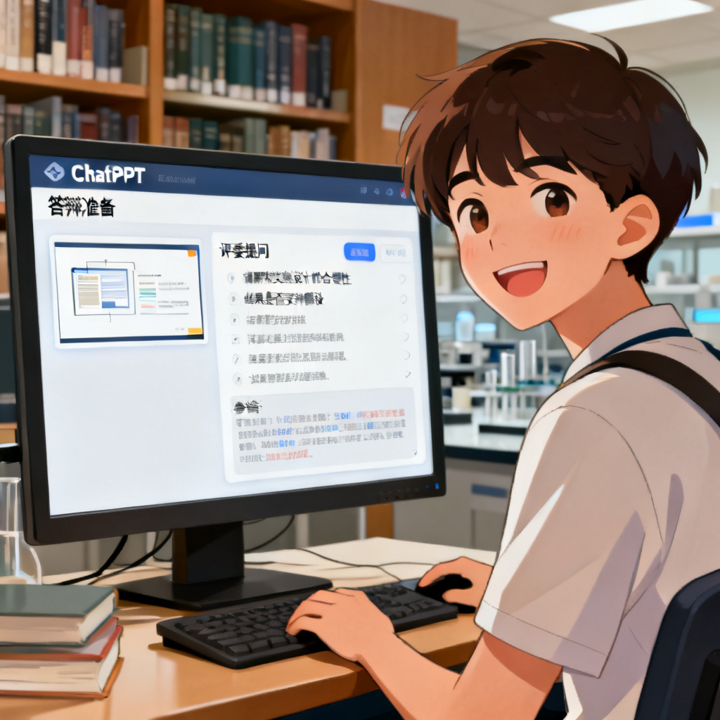 一张展示答辩准备场景的插画。一位学生坐在电脑前，屏幕上显示ChatPPT的“答辩准备”界面，左侧是PPT缩略图，右侧是自动生成的“评委提问”列表，如“请解释实验设计的合理性”“结果是否支持假设”等，下方附有参考答案。学生表情轻松自信，背景是图书馆或实验室书架。