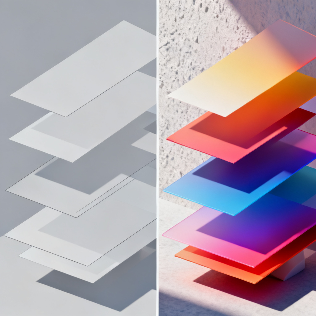 A side-by-side comparison of a flat, templated slide (left) and a dynamic, artistically rendered slide with layered elements (right), showcasing the difference in visual depth.